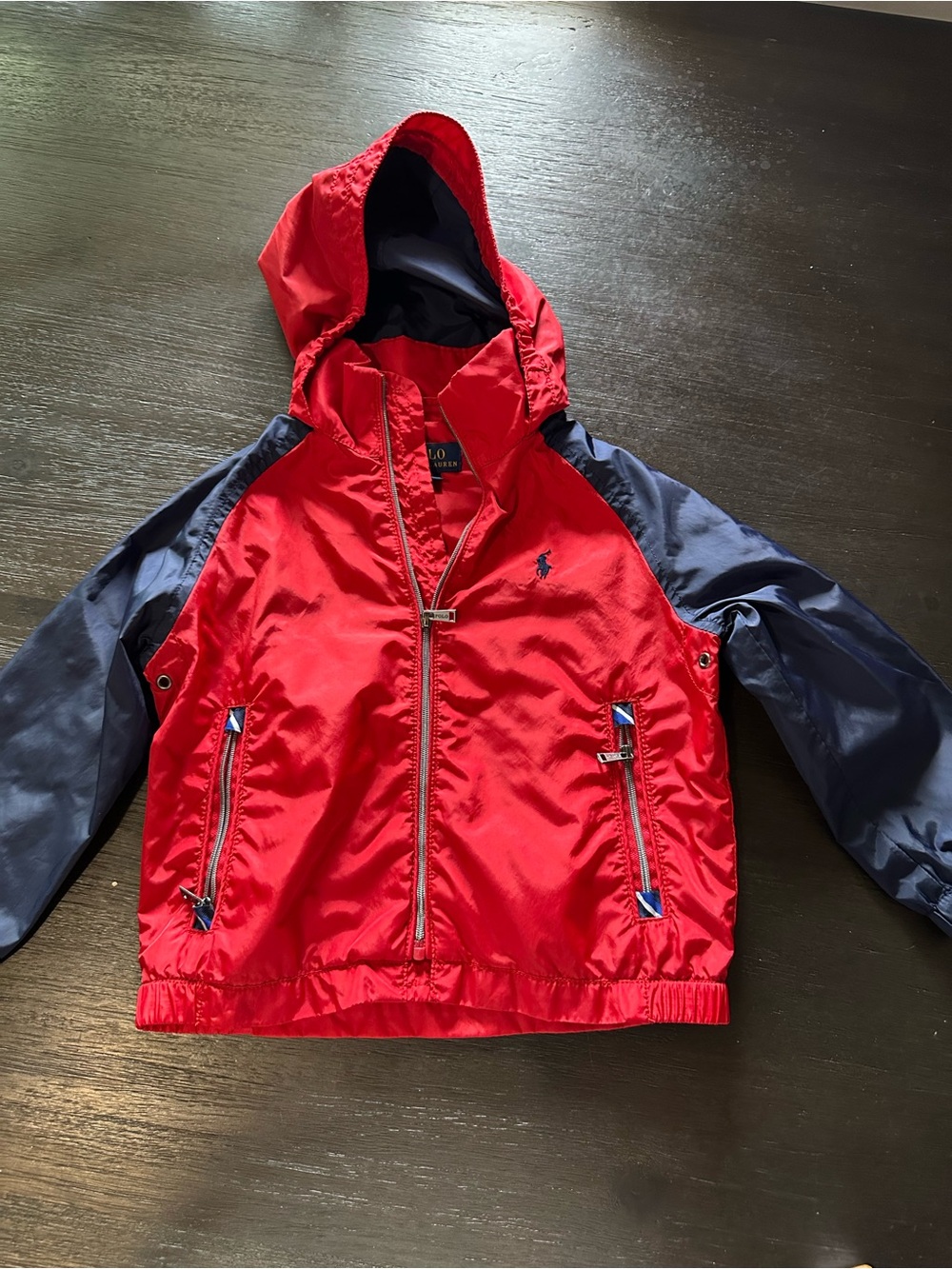 Polo by Ralph Lauren Red Hooded Rain Jacket with Navy Sleeves